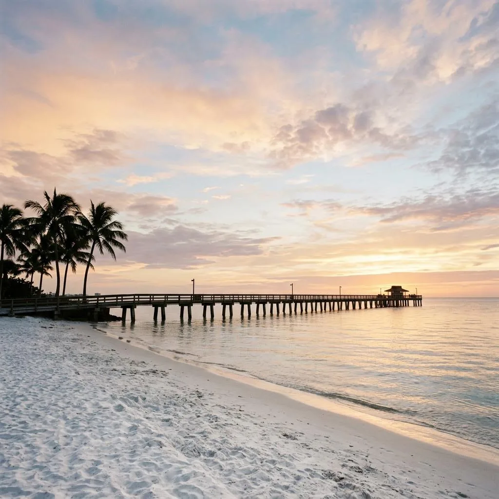Naples Pier at golden hour over the Gulf of Mexico